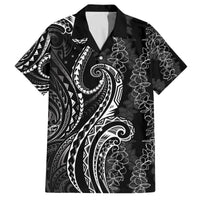 Polynesia Plumeria Lei Family Matching Off The Shoulder Long Sleeve Dress and Hawaiian Shirt Black Curves Motif