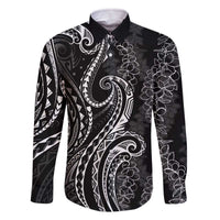 Polynesia Plumeria Lei Family Matching Off The Shoulder Long Sleeve Dress and Hawaiian Shirt Black Curves Motif