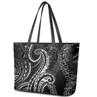 Polynesia Plumeria Lei Leather Tote Bag Black Curves Motif