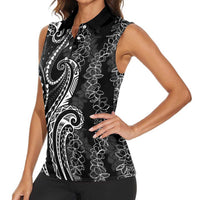 Polynesia Plumeria Lei Women Sleeveless Polo Shirt Black Curves Motif