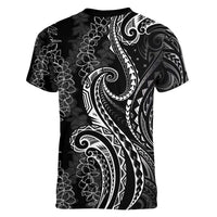 Polynesia Plumeria Lei Women V-Neck T-Shirt Black Curves Motif