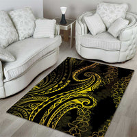 Polynesia Plumeria Lei Area Rug Black Gold Curves Motif