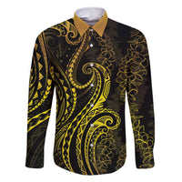 Polynesia Plumeria Lei Family Matching Off Shoulder Short Dress and Hawaiian Shirt Black Gold Curves Motif