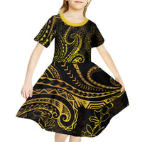 Polynesia Plumeria Lei Kid Short Sleeve Dress Black Gold Curves Motif LT7 - Polynesian Pride