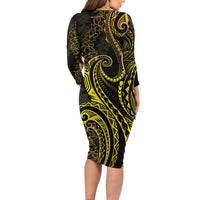 Polynesia Plumeria Lei Long Sleeve Bodycon Dress Black Gold Curves Motif