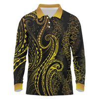 Polynesia Plumeria Lei Long Sleeve Polo Shirt Black Gold Curves Motif