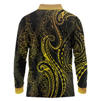 Polynesia Plumeria Lei Long Sleeve Polo Shirt Black Gold Curves Motif