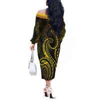 Polynesia Plumeria Lei Off The Shoulder Long Sleeve Dress Black Gold Curves Motif