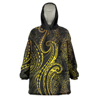 Polynesia Plumeria Lei Wearable Blanket Hoodie Black Gold Curves Motif LT7 One Size Gold - Polynesian Pride
