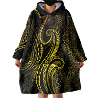 Polynesia Plumeria Lei Wearable Blanket Hoodie Black Gold Curves Motif LT7 - Polynesian Pride