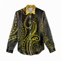 Polynesia Plumeria Lei Women Casual Shirt Black Gold Curves Motif