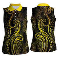 Polynesia Plumeria Lei Women Sleeveless Polo Shirt Black Gold Curves Motif