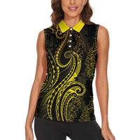 Polynesia Plumeria Lei Women Sleeveless Polo Shirt Black Gold Curves Motif