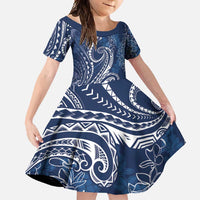 Polynesia Plumeria Lei Family Matching Short Sleeve Bodycon Dress and Hawaiian Shirt Navy Blue Curves Motif