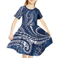 Polynesia Plumeria Lei Kid Short Sleeve Dress Navy Blue Curves Motif LT7 - Polynesian Pride