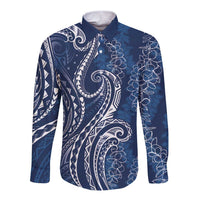 Polynesia Plumeria Lei Long Sleeve Button Shirt Navy Blue Curves Motif LT7 Unisex Navy Blue - Polynesian Pride