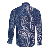 Polynesia Plumeria Lei Long Sleeve Button Shirt Navy Blue Curves Motif LT7 - Polynesian Pride