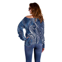 Polynesia Plumeria Lei Off Shoulder Sweater Navy Blue Curves Motif