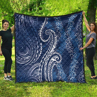 Polynesia Plumeria Lei Quilt Navy Blue Curves Motif