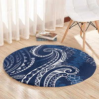 Polynesia Plumeria Lei Round Carpet Navy Blue Curves Motif