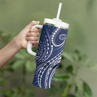 Polynesia Plumeria Lei Tumbler With Handle Navy Blue Curves Motif