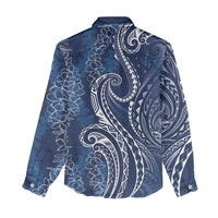 Polynesia Plumeria Lei Women Casual Shirt Navy Blue Curves Motif