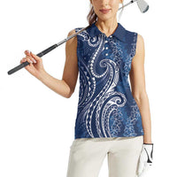 Polynesia Plumeria Lei Women Sleeveless Polo Shirt Navy Blue Curves Motif