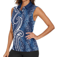 Polynesia Plumeria Lei Women Sleeveless Polo Shirt Navy Blue Curves Motif