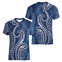 Polynesia Plumeria Lei Women V-Neck T-Shirt Navy Blue Curves Motif