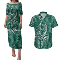 Polynesia Plumeria Lei Couples Matching Puletasi and Hawaiian Shirt Sage Green Curves Motif LT7 Dark Green - Polynesian Pride
