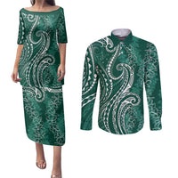 Polynesia Plumeria Lei Couples Matching Puletasi and Long Sleeve Button Shirt Sage Green Curves Motif LT7 Dark Green - Polynesian Pride