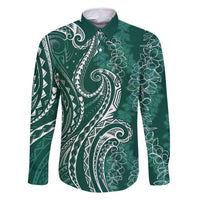Polynesia Plumeria Lei Family Matching Off Shoulder Short Dress and Hawaiian Shirt Sage Green Curves Motif
