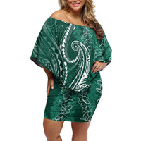 Polynesia Plumeria Lei Family Matching Off Shoulder Short Dress and Hawaiian Shirt Sage Green Curves Motif