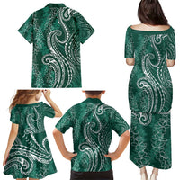 Polynesia Plumeria Lei Family Matching Puletasi and Hawaiian Shirt Sage Green Curves Motif