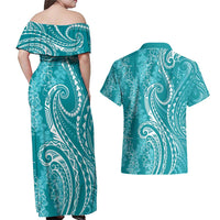 Polynesia Plumeria Lei Couples Matching Off Shoulder Maxi Dress and Hawaiian Shirt Teal Curves Motif LT7 - Polynesian Pride