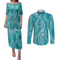 Polynesia Plumeria Lei Couples Matching Puletasi and Long Sleeve Button Shirt Teal Curves Motif LT7 Teal - Polynesian Pride