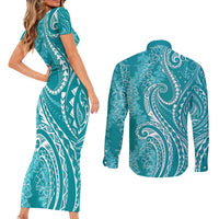 Polynesia Plumeria Lei Couples Matching Short Sleeve Bodycon Dress and Long Sleeve Button Shirt Teal Curves Motif LT7 - Polynesian Pride