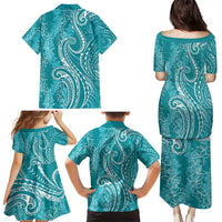 Polynesia Plumeria Lei Family Matching Puletasi and Hawaiian Shirt Teal Curves Motif