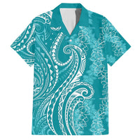 Polynesia Plumeria Lei Family Matching Puletasi and Hawaiian Shirt Teal Curves Motif