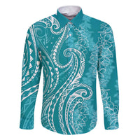 Polynesia Plumeria Lei Family Matching Short Sleeve Bodycon Dress and Hawaiian Shirt Teal Curves Motif