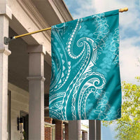 Polynesia Plumeria Lei Garden Flag Teal Curves Motif