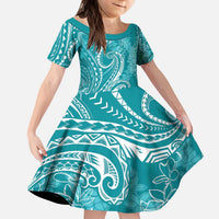 Polynesia Plumeria Lei Kid Short Sleeve Dress Teal Curves Motif LT7 KID Teal - Polynesian Pride