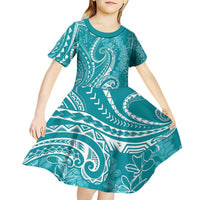 Polynesia Plumeria Lei Kid Short Sleeve Dress Teal Curves Motif LT7 - Polynesian Pride