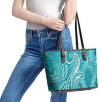 Polynesia Plumeria Lei Leather Tote Bag Teal Curves Motif