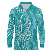 Polynesia Plumeria Lei Long Sleeve Polo Shirt Teal Curves Motif
