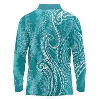 Polynesia Plumeria Lei Long Sleeve Polo Shirt Teal Curves Motif