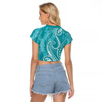 Polynesia Plumeria Lei Raglan Cropped T Shirt Teal Curves Motif