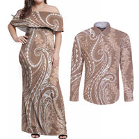 Polynesia Plumeria Lei Couples Matching Off Shoulder Maxi Dress and Long Sleeve Button Shirt Beige Curves Motif LT7 Beige - Polynesian Pride
