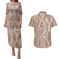 Polynesia Plumeria Lei Couples Matching Puletasi and Hawaiian Shirt Beige Curves Motif LT7 Beige - Polynesian Pride