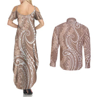 Polynesia Plumeria Lei Couples Matching Summer Maxi Dress and Long Sleeve Button Shirt Beige Curves Motif LT7 - Polynesian Pride
